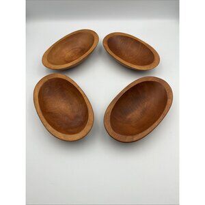 Vintage Hand Carved Oval Wooden Bowl Set of 4 Salad Soup Dessert Light Brown